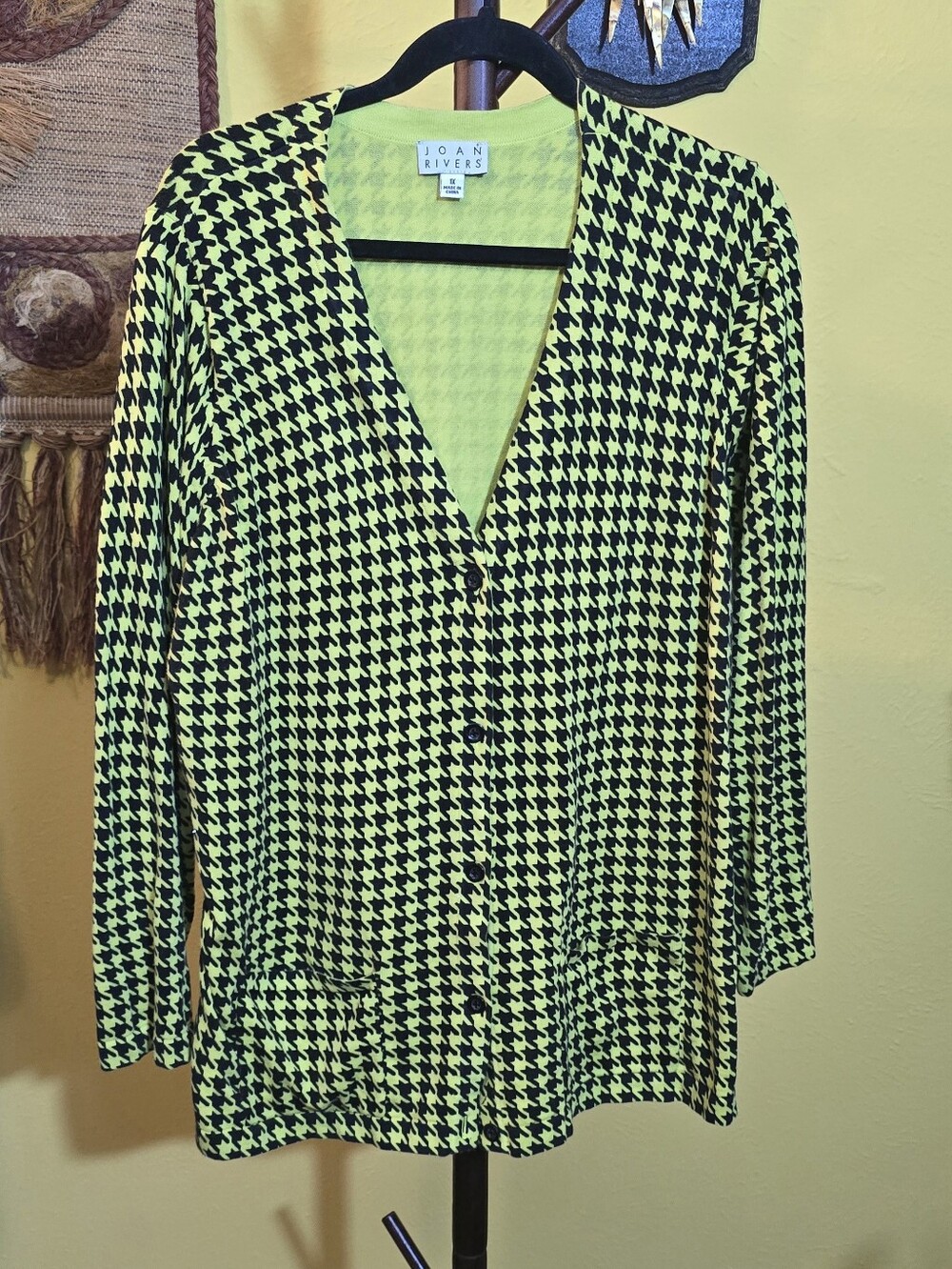 Joan Rivers Green and Black Houndstooth Button-Front Cardigan Sz 1X